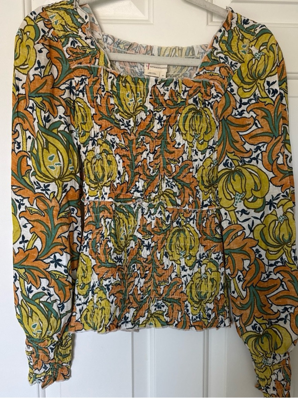Anthropologie Yellow & Green Floral Smocked Tunic Top